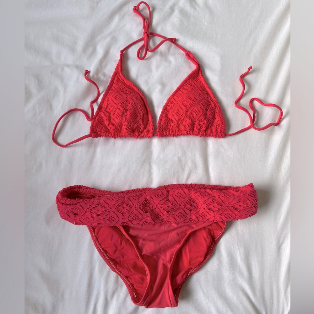 Sunsets Inc. string bikini with embroidery, Coral